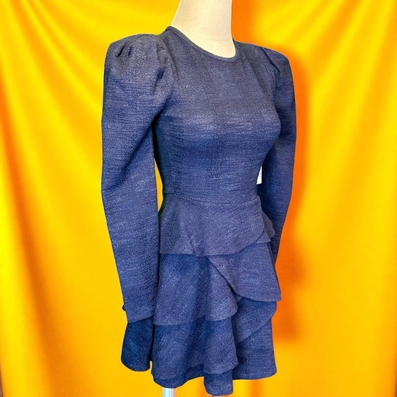 NWT Aqua ‘Boucle Tiered Ruffle Long Sleeve Mini Dress’ in Navy Blue Size XS - Picture 8 of 11